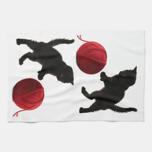 Black Silhouette Kitty, with red wool Ball Kitchen Towel