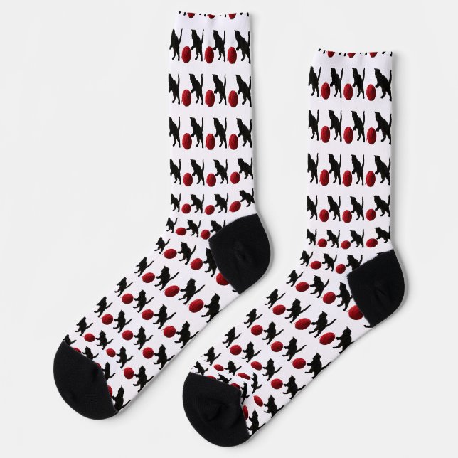 Black Silhouette Kitty, with red wool Ball (Multi) Socks (Left)