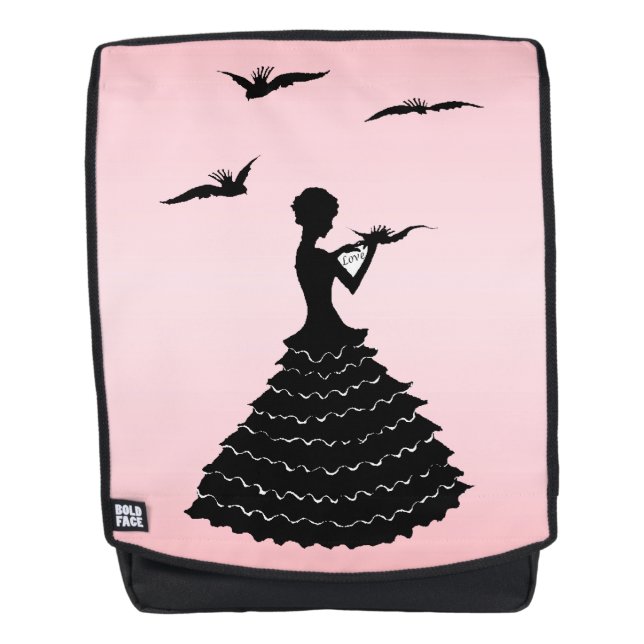 Black Silhouette Lady Reading Love Letter Doves Backpack (Front)