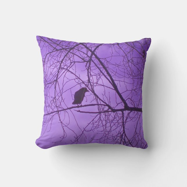 Black Silhouette of Crow Tree Branches Purple Sky Throw Pillow (Front)