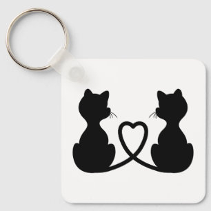 Black Silhouette Of Two Cats In Love Keychain