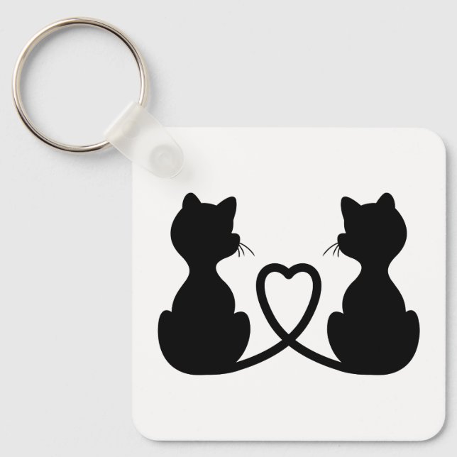 Black Silhouette Of Two Cats In Love Keychain (Front)