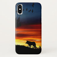 Black Silhouette of Wolf, Birds and Tree in Sunset