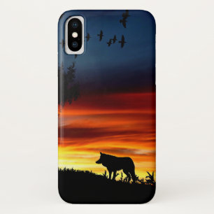 Black Silhouette of Wolf, Birds and Tree in Sunset Case-Mate iPhone Case