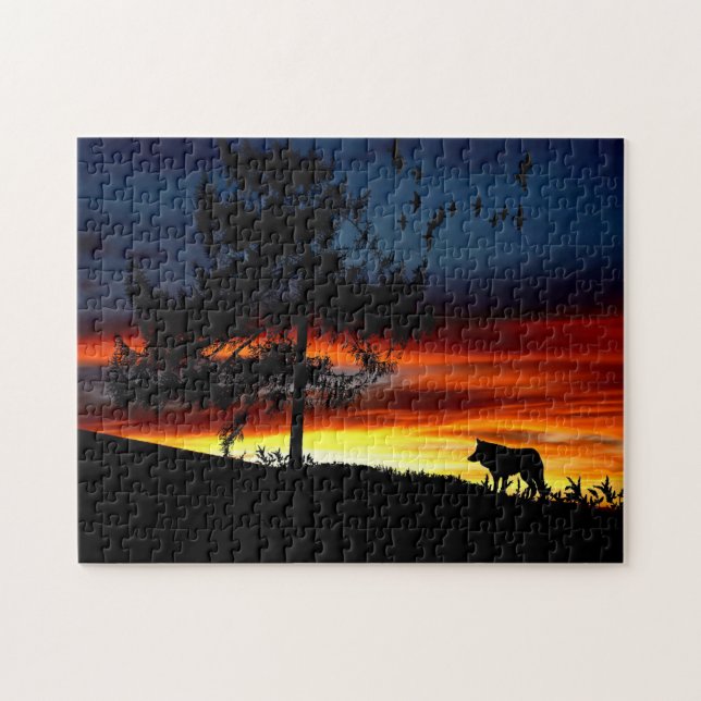 Black Silhouette of Wolf, Birds and Tree in Sunset Jigsaw Puzzle (Horizontal)