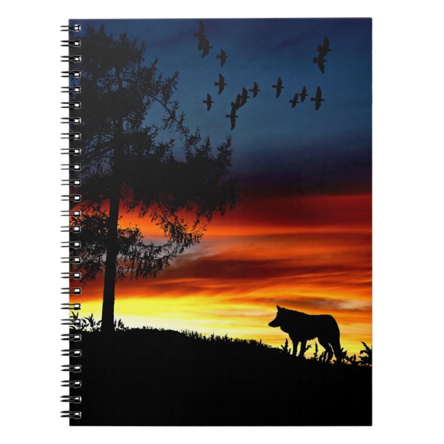 Black Silhouette of Wolf, Birds and Tree in Sunset Notebook (Front)