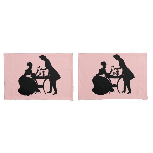 Black Silhouette on Pink Romantic Couple Wine Pillowcase (Front-Set)