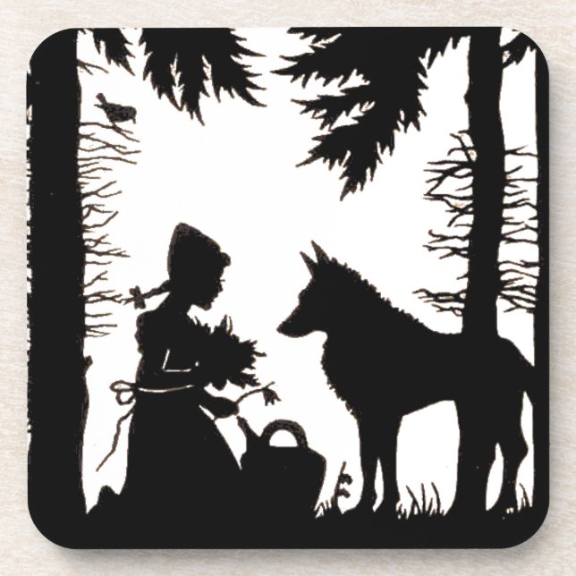 Black Silhouette Red Riding Hood Wolf Woods Coaster (Front)