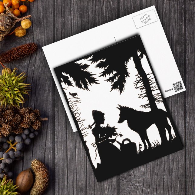 Black Silhouette Red Riding Hood Wolf Woods Postcard (Black Silhouette on white Little red riding hood wolf in woods on postcard.)