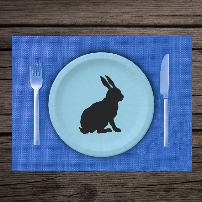 Black Silhouette Sitting Rabbit on light Blue Paper Plate (Black silhouette sitting bunny rabbit on light blue paper party plates.)