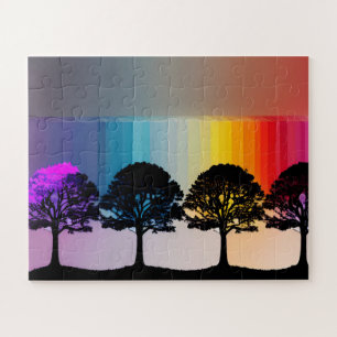 Black Silhouette Trees Purple Leaves Rainbow Fence Jigsaw Puzzle