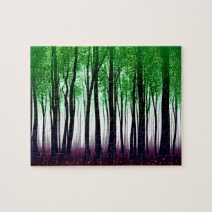 Black Silhouette Trees with Green on Purple Ground Jigsaw Puzzle