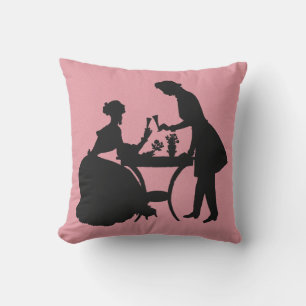 Black Silhouette Vintage Couple Toasting Wine Pink Outdoor Pillow