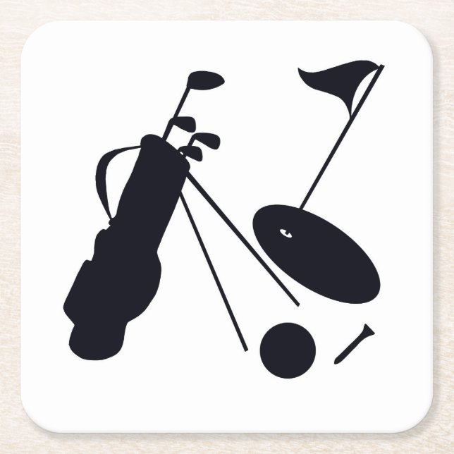 Black silhouettes of golf items on white  square paper coaster (Front)
