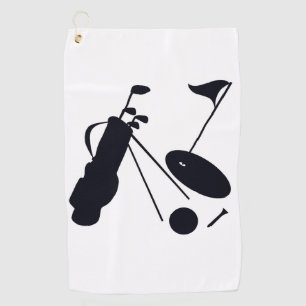 Black silhouettes of golf items on white towel