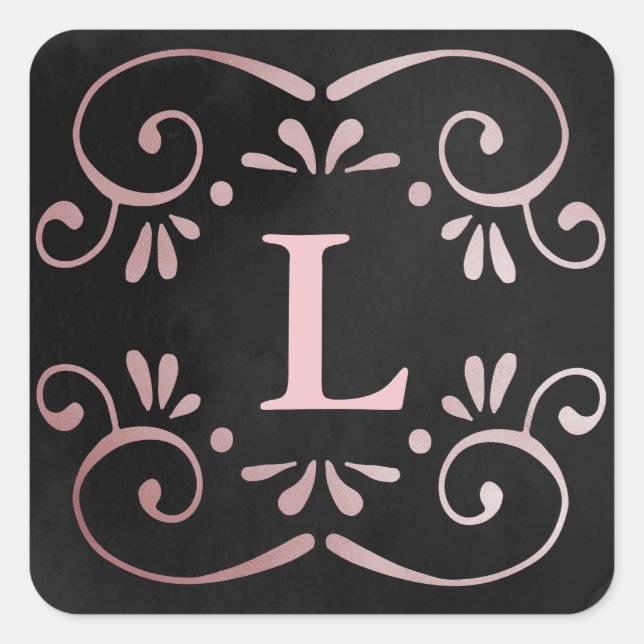 Black silk rose gold faux foil flourish monogram square sticker (Front)