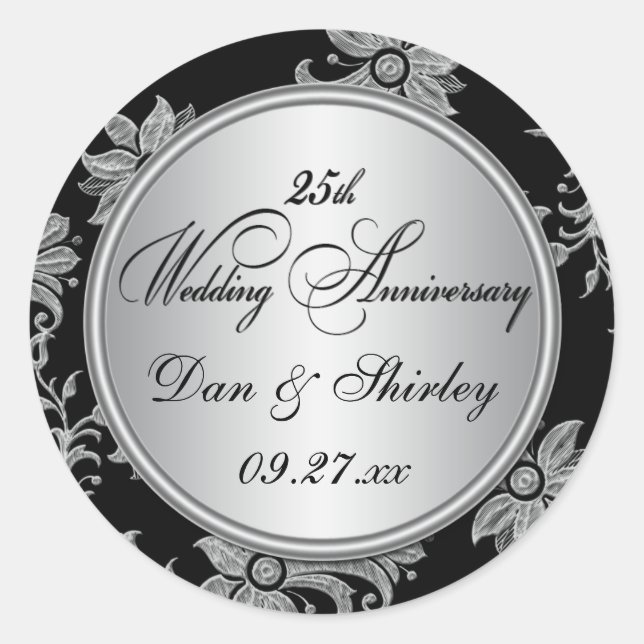 Black, Silver 25th Wedding Anniversary Sticker (Front)