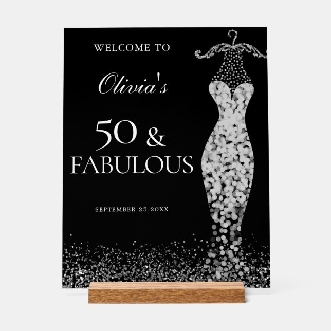 Black & Silver 50 and Fabulous 50th Birthday  Acrylic Sign (Front)