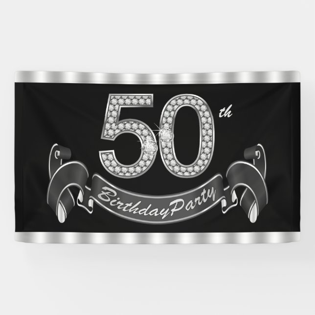 Black Silver 50th Birthday Party Banner (Horizontal)