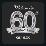 Black & Silver 60th Birthday Stickers<br><div class="desc">Black & Silver 60th Birthday Stickers with added bling of diamonds. This square sticker may be used for birthday favour tags or stickers on favours.</div>