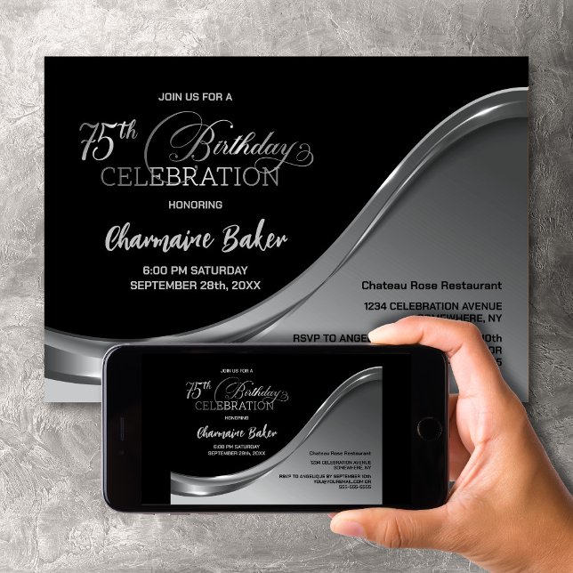 Black Silver 75th Birthday Party Invitation (Creator Uploaded)