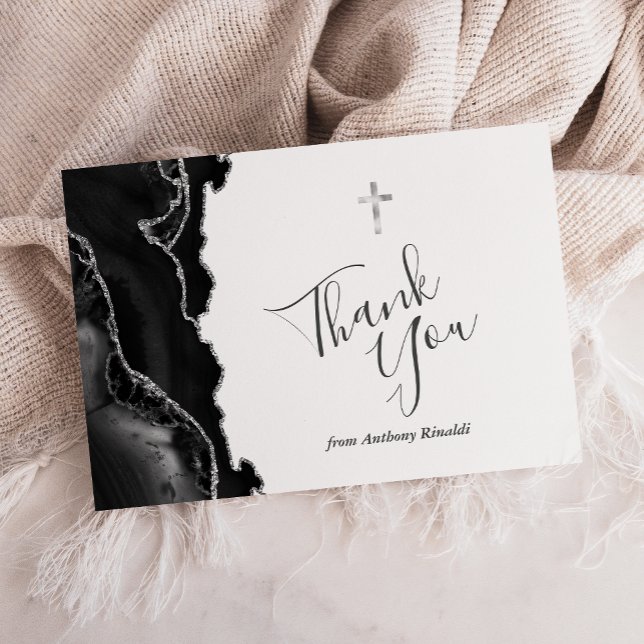 Black Silver Agate First Communion Thank You Card (Creator Uploaded)