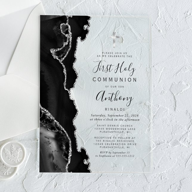 Black Silver Agate First Holy Communion Acrylic Invitations (Creator Uploaded)