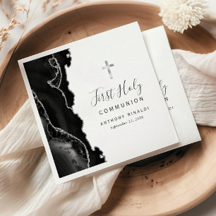 Black Silver Agate First Holy Communion Napkin