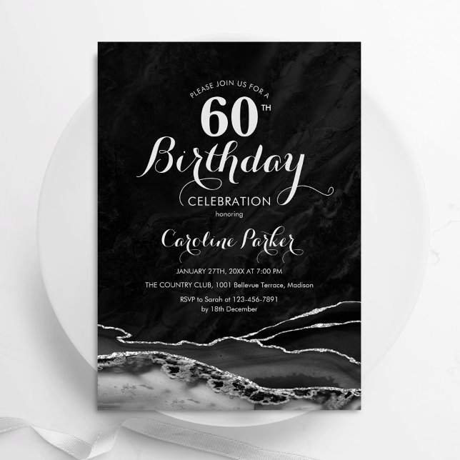 Black Silver Agate Marble 60th Birthday Invitation (Creator Uploaded)