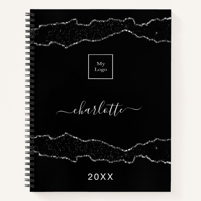 Black silver agate marble business logo notebook (Front)