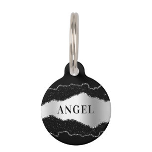 Black silver agate marble glitter name pet tag