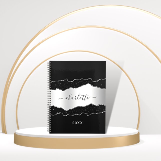 Black silver agate marble glitter name script notebook (Creator Uploaded)