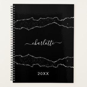 Black silver agate marble name script 2025 planner