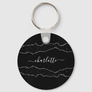 Black silver agate marble name script keychain
