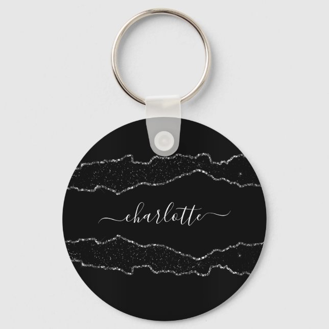 Black silver agate marble name script keychain (Front)