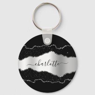 Black silver agate marble name script  keychain