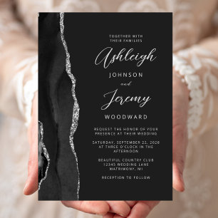 Black Silver Agate Modern Script Wedding Invitation