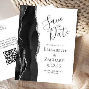 Black Silver Agate QR Code Save the Date Announcement Postcard