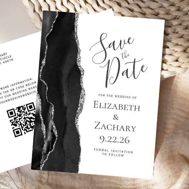 Black Silver Agate QR Code Save the Date Announcement Postcard (Creator Uploaded)