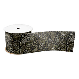 Black Silver And Gold Floral aisle Pattern Satin Ribbon