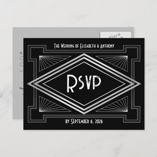 Black & Silver Art Deco Gatsby-Inspired Wedding Postcard (Front/Back)