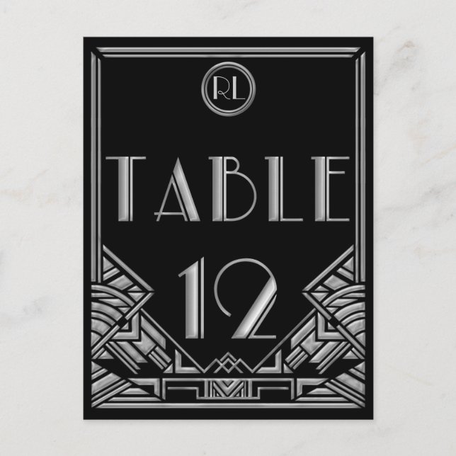 Black Silver Art Deco Gatsby Style Table Number 12 Postcard (Front)