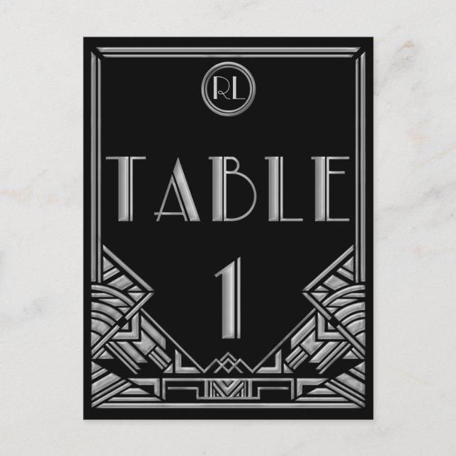 Black Silver Art Deco Gatsby Style Table Number 1 Postcard (Front)