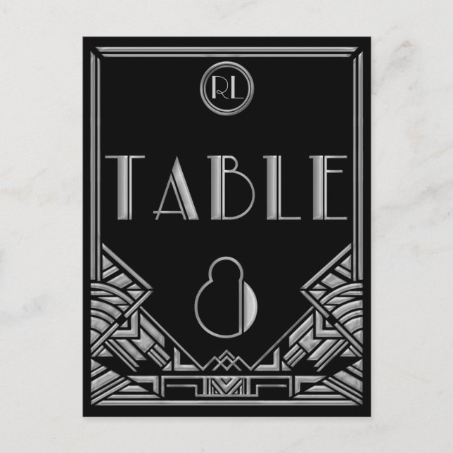 Black Silver Art Deco Gatsby Style Table Number 8 Postcard (Front)