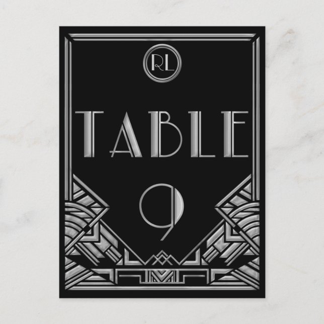 Black Silver Art Deco Gatsby Style Table Number 9 Postcard (Front)