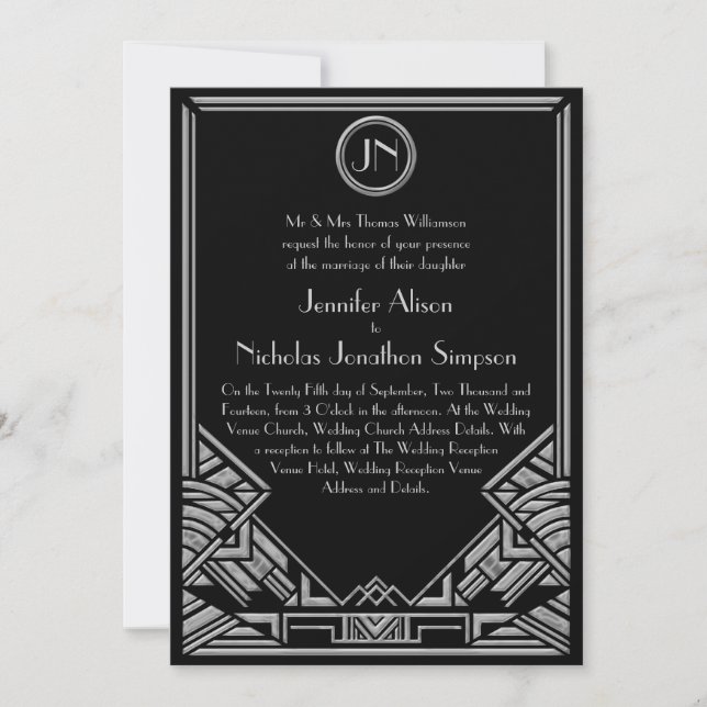 Black Silver Art Deco Gatsby Style Wedding Invites (Front)
