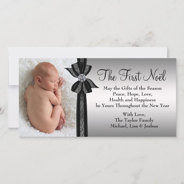Black Silver Baby's First Christmas Photo Card (Front)