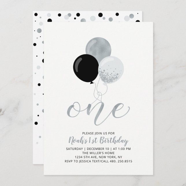 Black & Silver Balloons One 1st Boy Birthday Party Invitation (Front/Back)