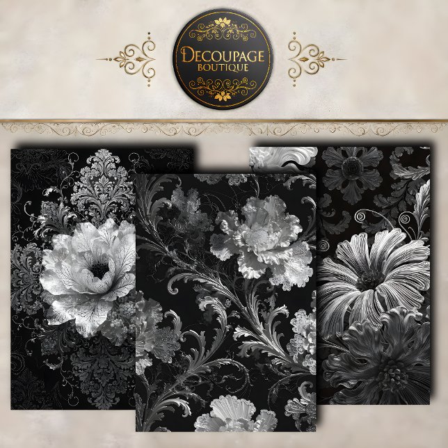 Black Silver Baroque Florals Decoupage Collection Wrapping Paper Sheet (Black Silver Baroque Florals Decoupage Collection Wrapping Paper Sheets)