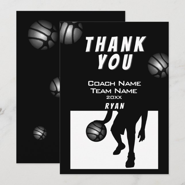 Black Silver Basketball Thank you Coach Card (Front/Back)